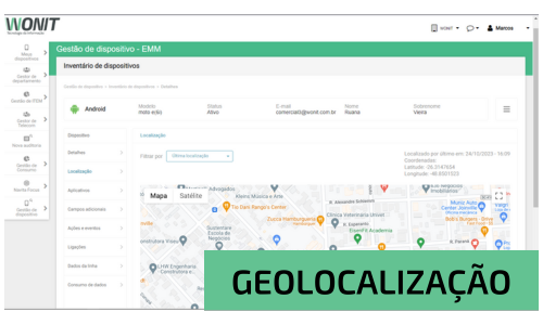 Imagem da tela do sistema, informando a geolocalização dos dispositivos moveis
